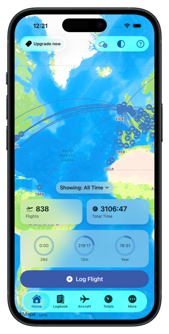 JetCapture Logbook showing a flight map and career statistics