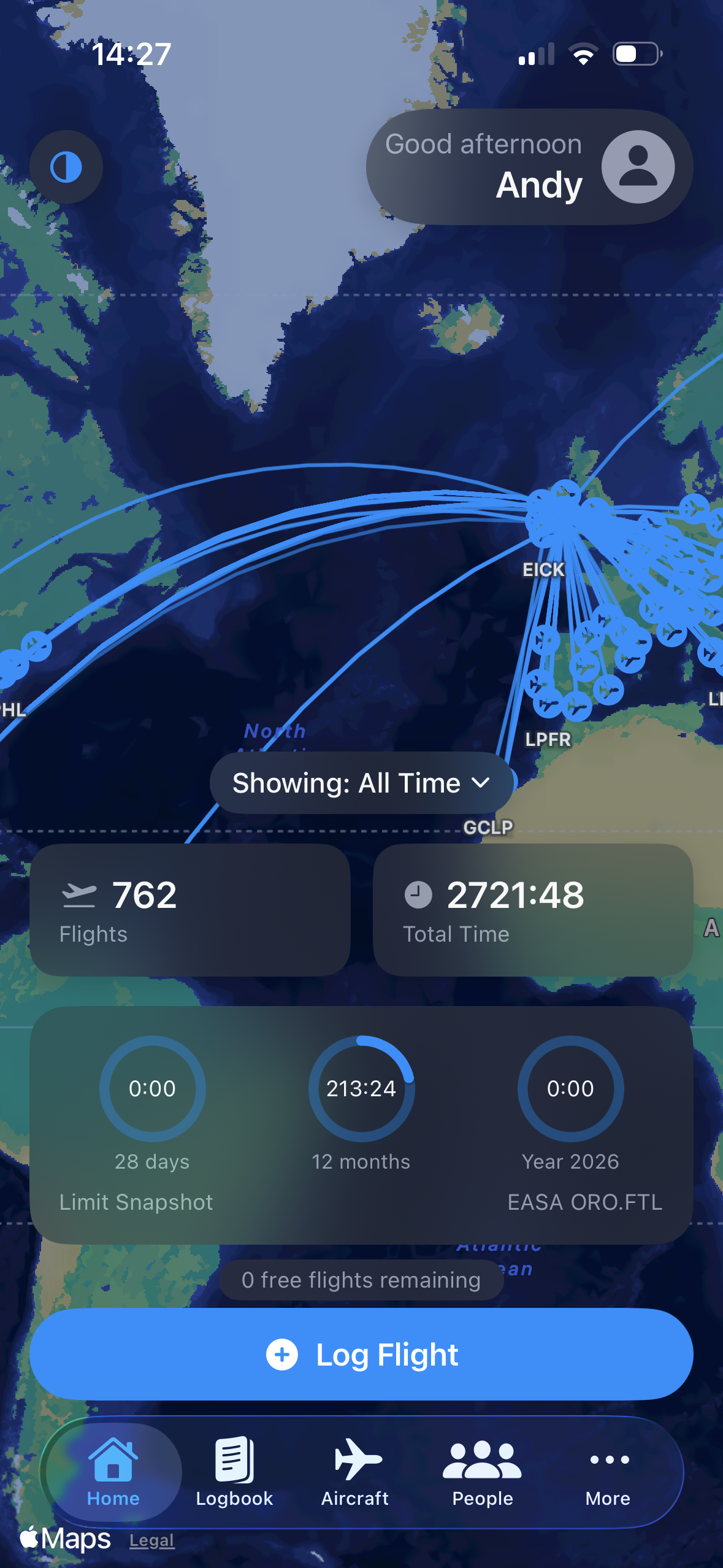 Logbook app showing flight map and statistics